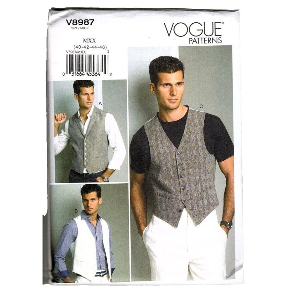 Vogue V8987 Mens 40 to 46 Button Front Vest Uncut Sewing Pattern
